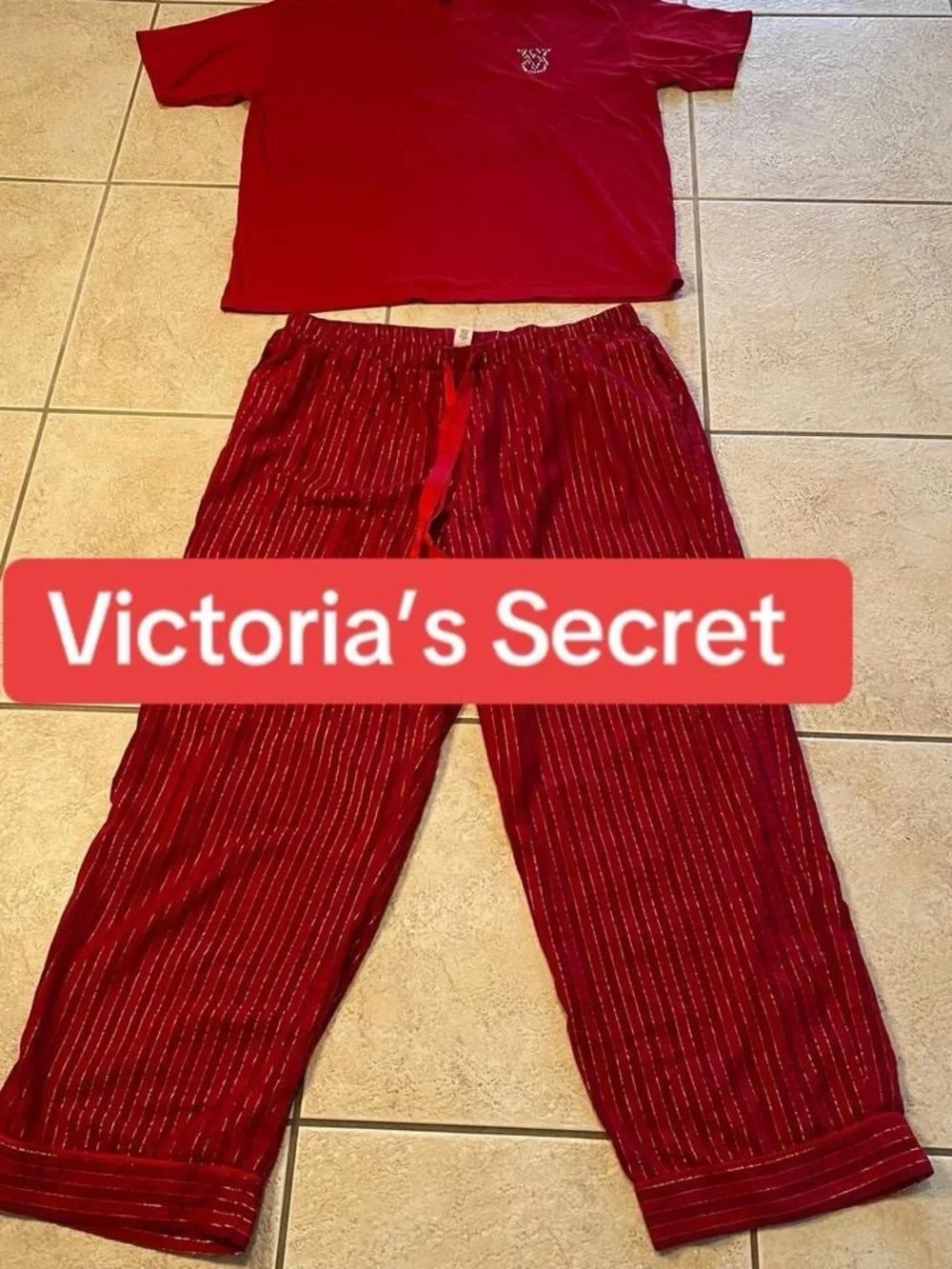 Victoria's Secret Red Two-Piece Pajama Set with Metallic Stripe Pants